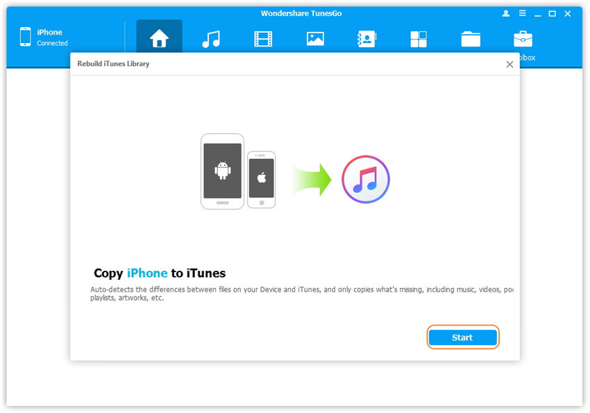 1-Klick Neufbau der iTunes Bibliothek - Start des Suchlaufs nach Mediendateien auf dem iOS-Gerät