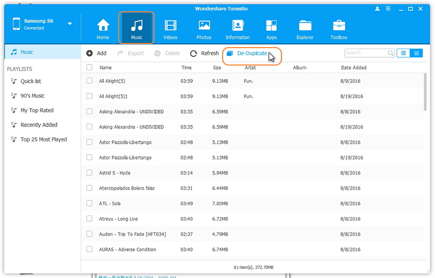 Click De-Duplicate to remove duplicate music files